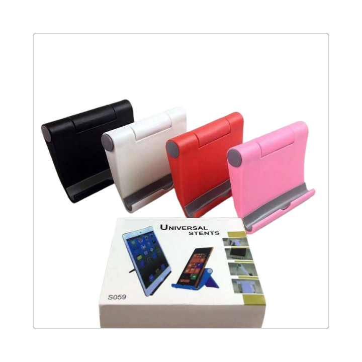 Foldable mobile phone stand at adjustable angle on desk