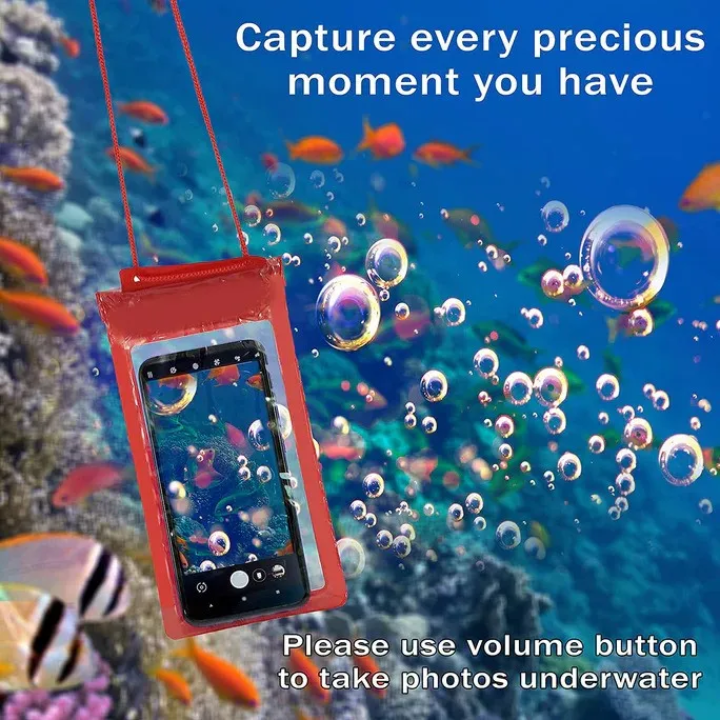 Colorful waterproof PVC phone pouch hanging on lanyard