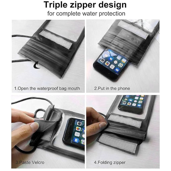 Transparent pouch holding a phone with clear touchscreen visibility