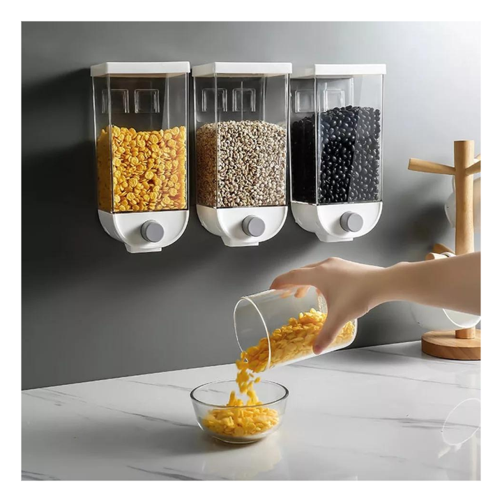 Space-saving wall mounted cereal and rice dispenser for kitchen