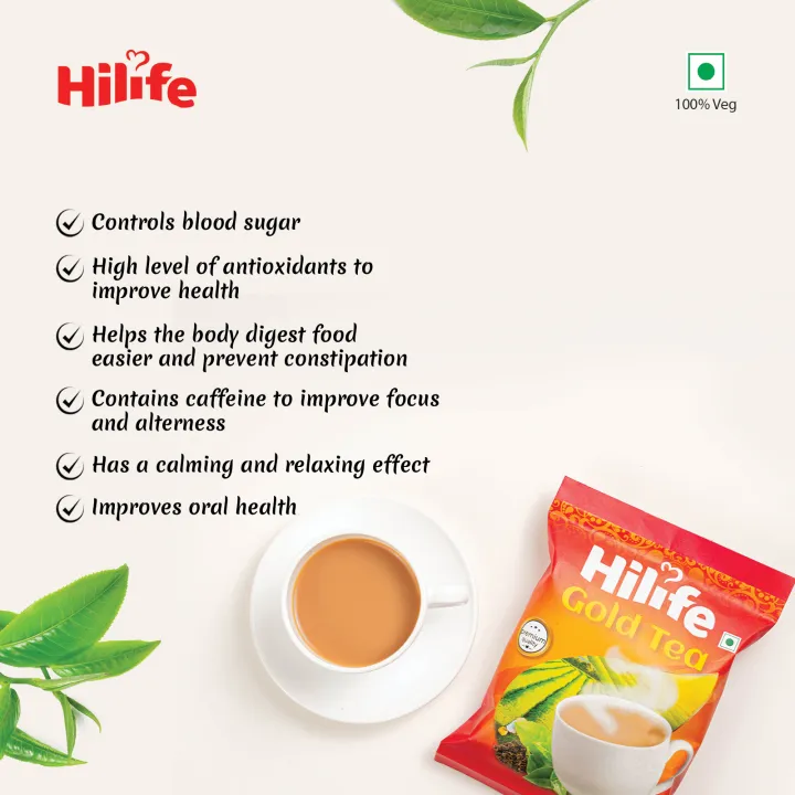 Gold Tea 70gm pack with a cup of tea