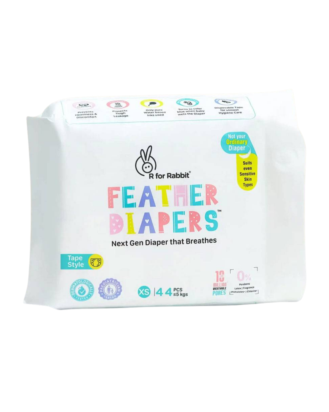 R for Rabbit  | Feather Diapers | XS  | ( Tape Style) | ( <5kgs) | 44pcs